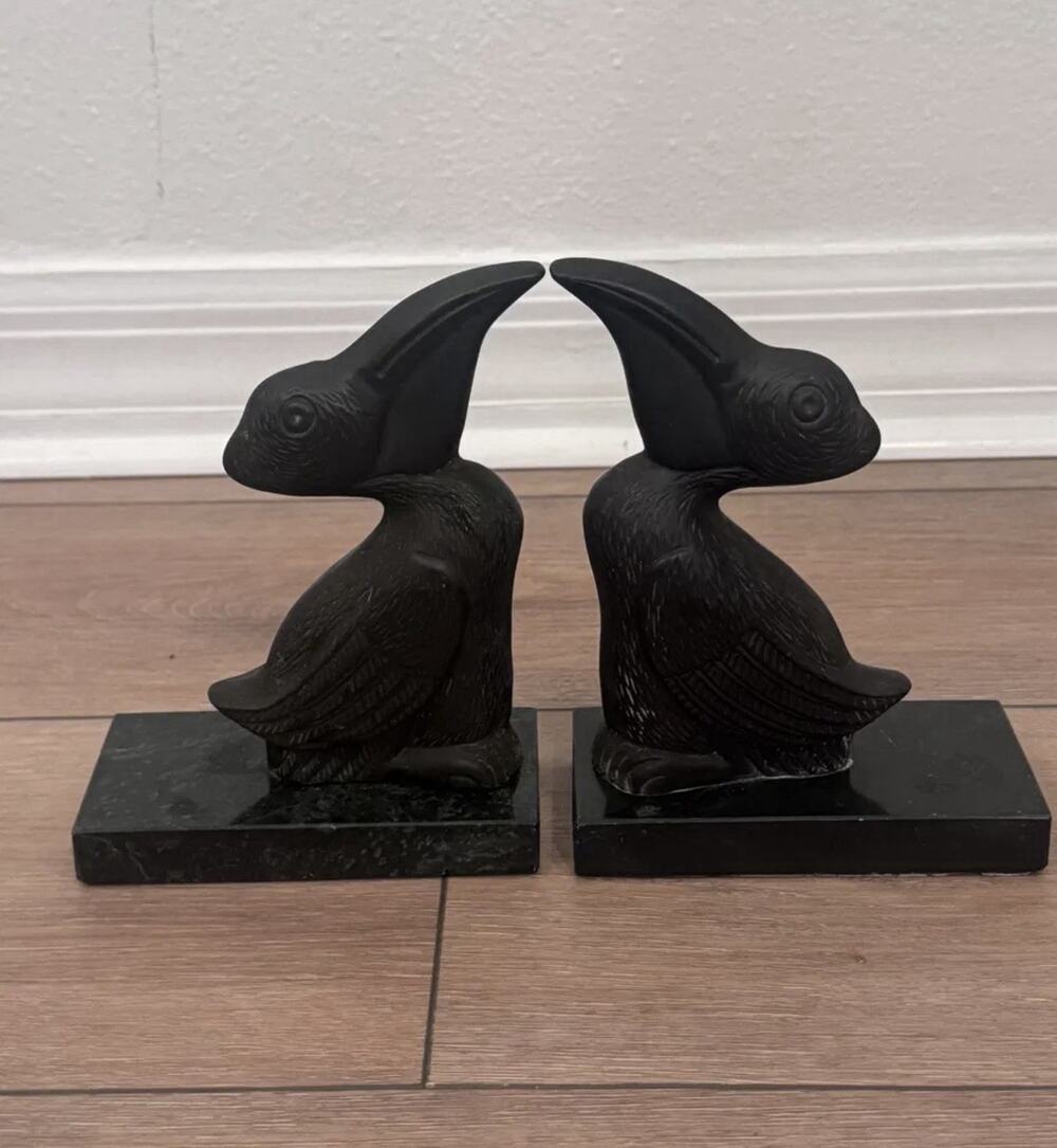 Vintage Pair Bronze Pelican Bookends Green Marble Base Art Deco Style Coastal